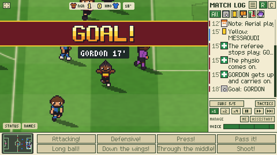 A goal in a Sunday League match, with the match log beside the pitch