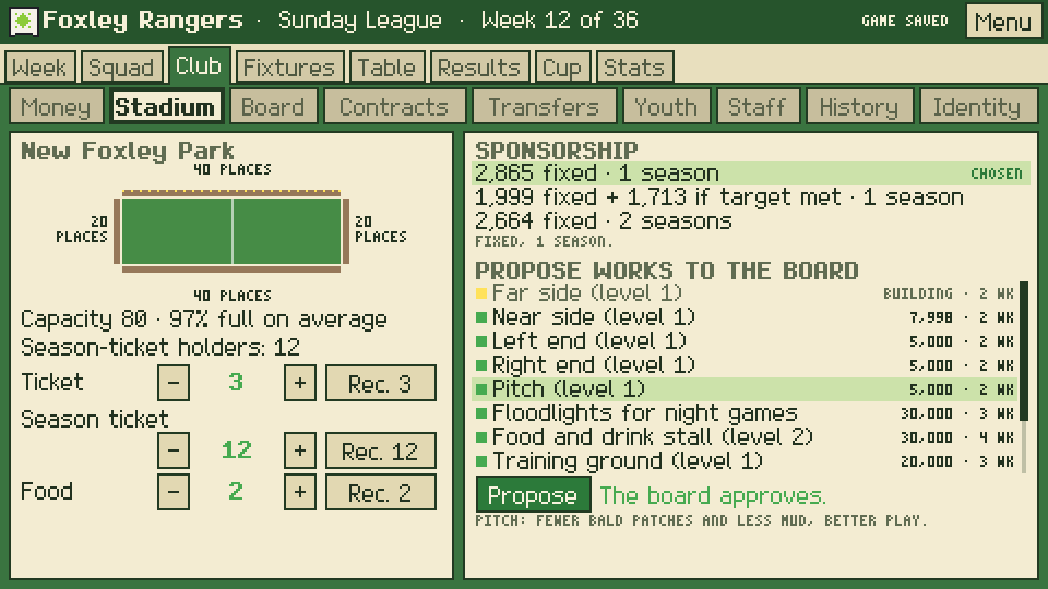Club screen with stadium works, ticket prices and sponsors